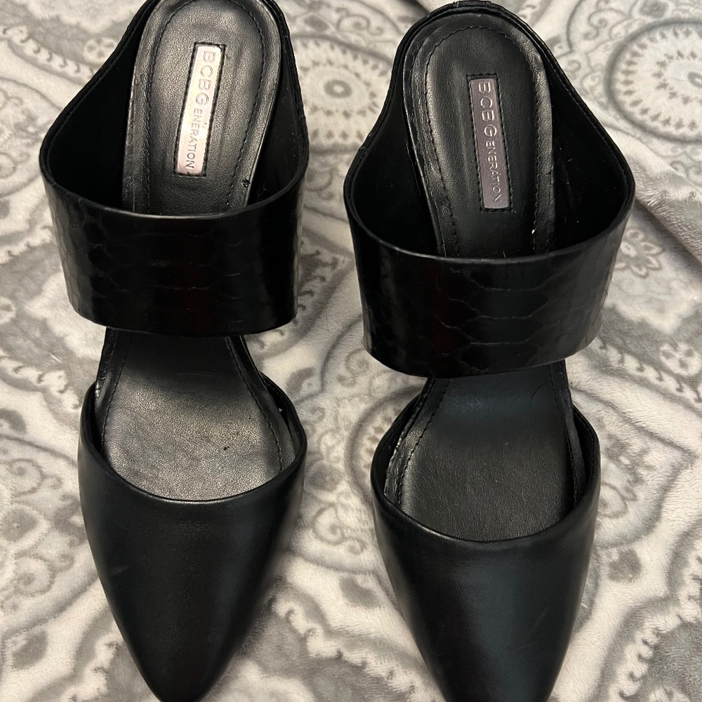 SOLD  BCBG Black Slide Mule Heels Leather